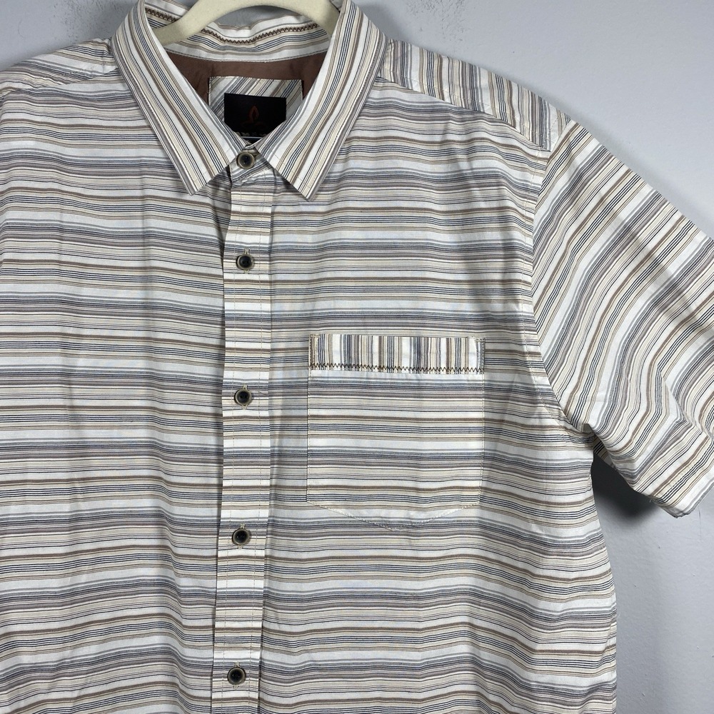 PrAna Reflect Shirt Mens Sz L Beige Striped Button Up Outdoor Hiking Performance